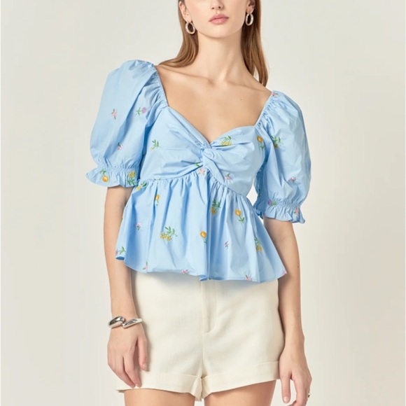 English Factory Tops - ENGLISH FACTORY Floral Embroidered Puff Slv Babydoll Powder Blue Multi XS *flaw
